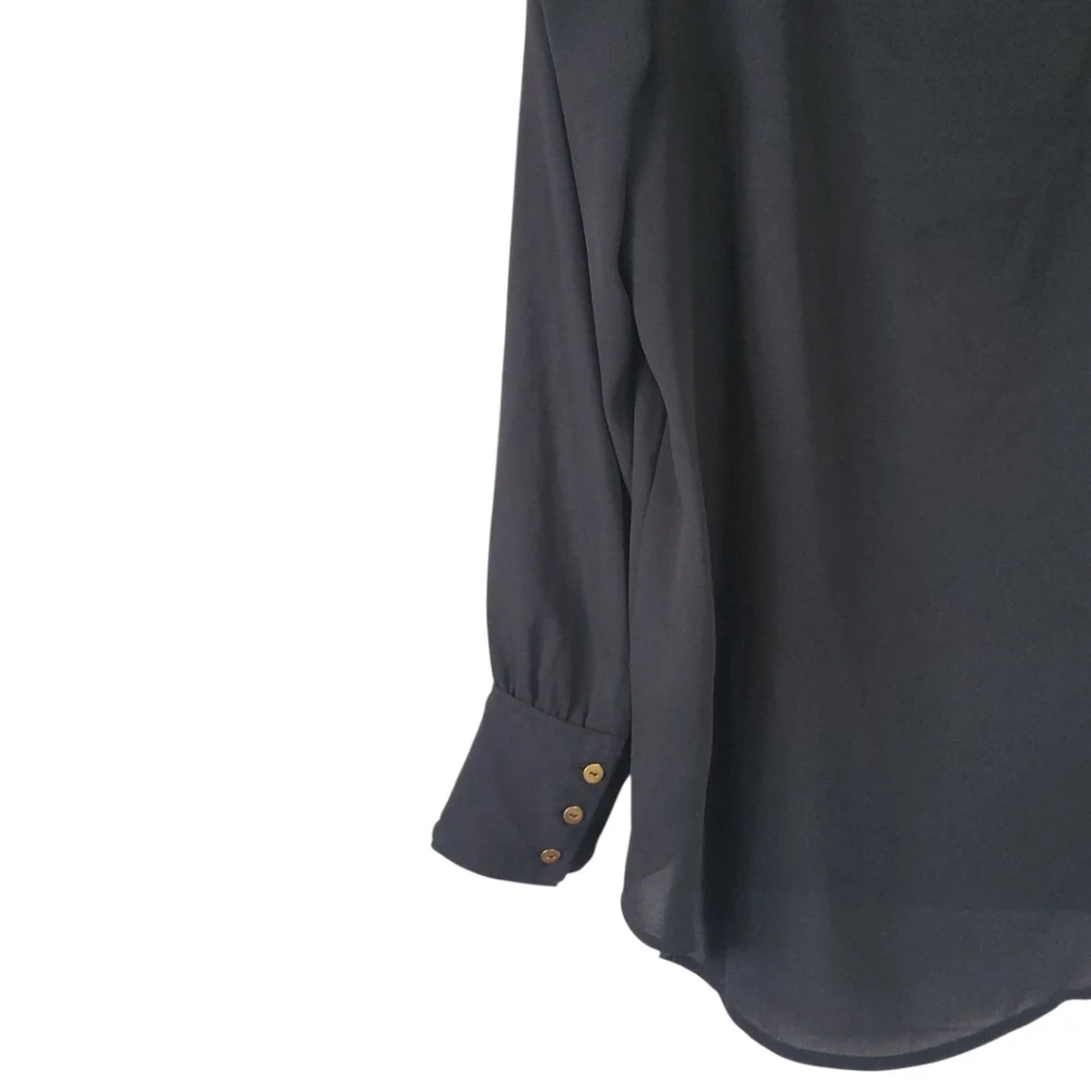 LOFT Small Petite Black Semi Sheer Blouse Puff Sleeve Button Cuff Classic Top